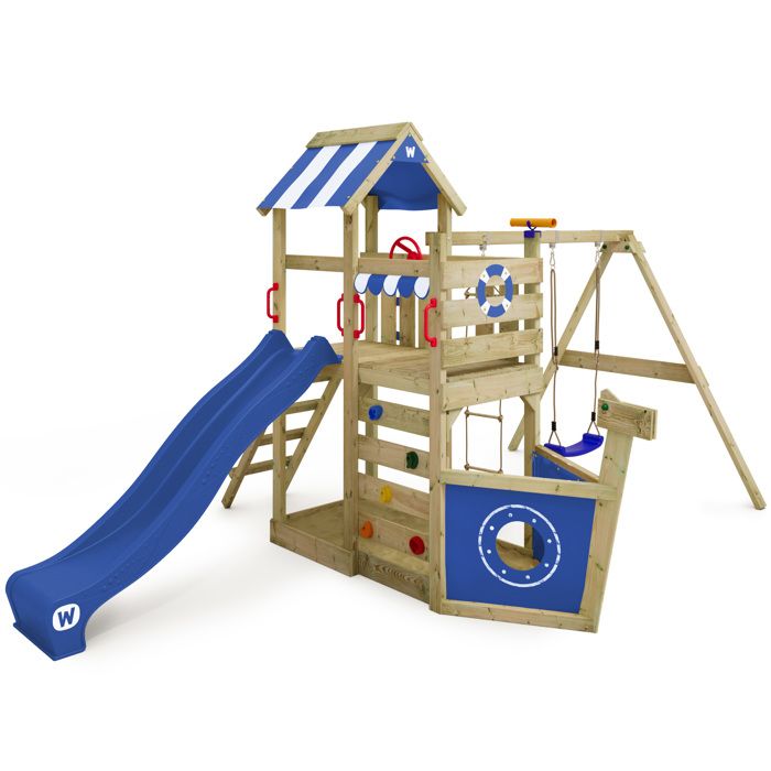 WICKEY Aire de jeux Portique bois SeaFlyer avec balançoire et toboggan bleu Cabane enfant extérieure avec bac à sable