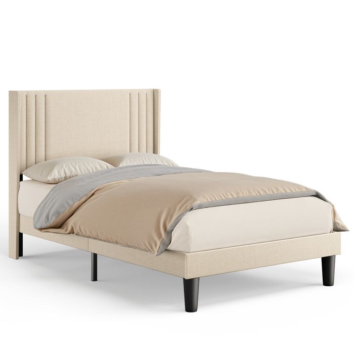 Structure de Lit Bealife Lit Capitonné en Métal- Lit 120x200 cm - Tête de Lit Capitonnée - Lattes en Bois - Rangement - Beige