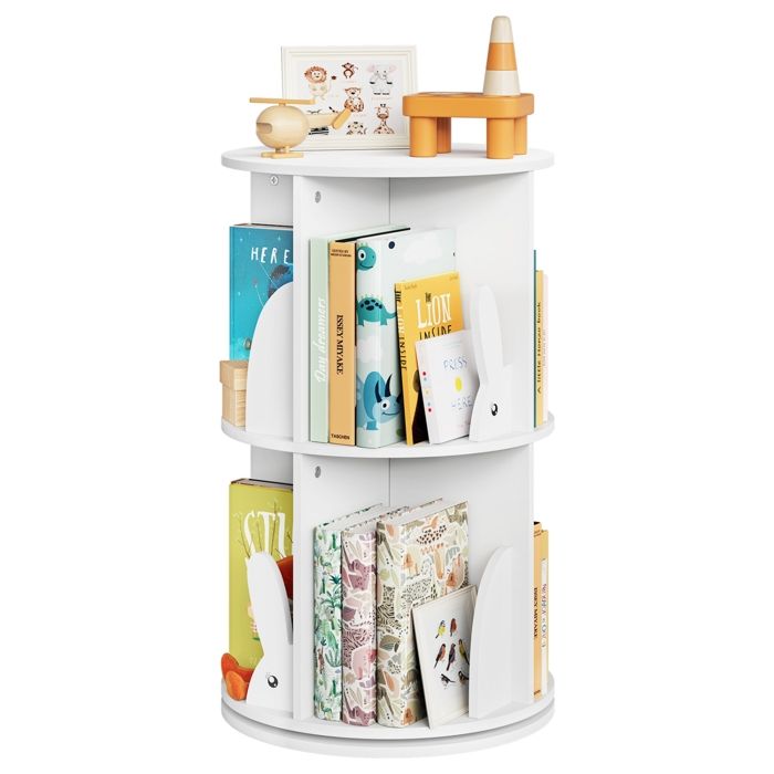 Bibliothèque Pivotante pour Enfants - Étagère à Livres 2 Niveaux - Design doreilles de lapin - Blanc Bibliothèque Pivotante pour Enfants - Étagère à Livres 2 Niveaux - Design doreilles de lapin - Blanc