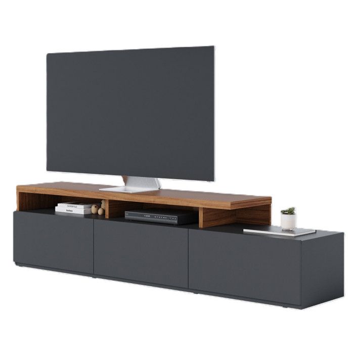 Meuble TV Bar 70 Pouces Chêne et Anthracite 3 Portes 6 Niches L 210 H 50.6 P 45.3 cm - L 210 x l 45.3 x H 50.6 cm Meuble TV Bar 70 Pouces Chêne et Anthracite 3 Portes 6 Niches L 210 H 50.6 P 45.3 cm - L 210 x l 45.3 x H 50.6 cm