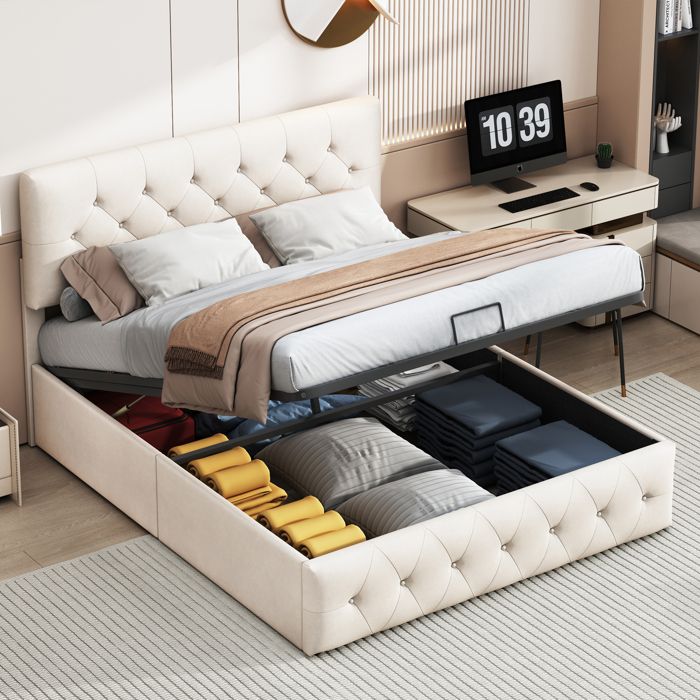 Lit coffre double - Lit 140x200 cm - Velours beige - Sommier à lattes - Rangement hydraulique