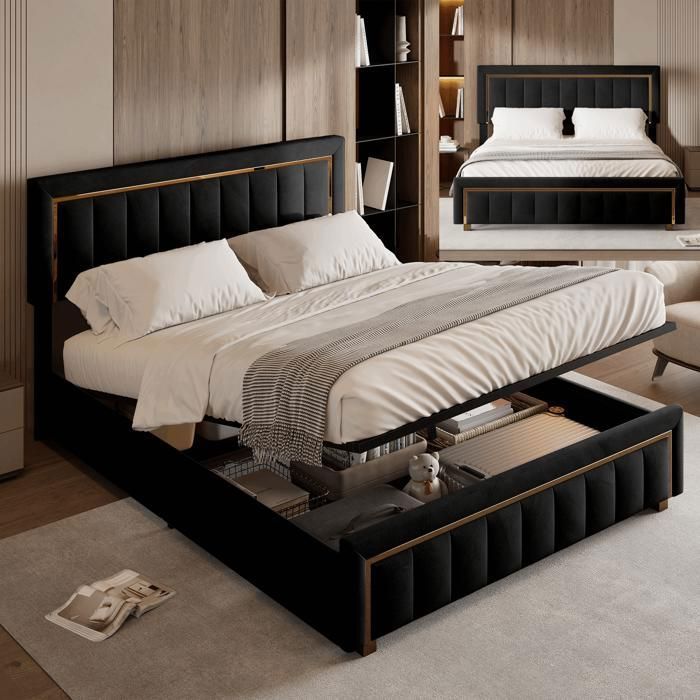 Lit coffre 140x200 - SUNFECILI - Velours Noir - Design Contemporain - Capacité 250 kg - Sommier Inclus