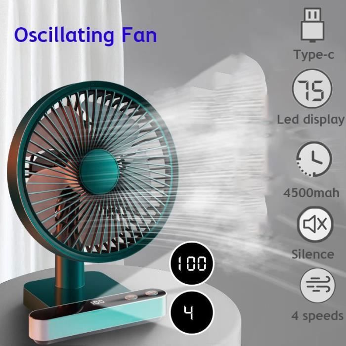 Ventilateur Silencieux Oscillant - Ventilateur de Bureau USB Portable à Batterie de 4000 mAh4 Vitesses 180° Oscillation Vert - Ryttgop