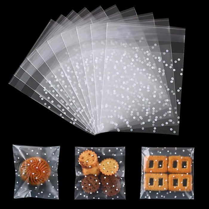 200 Sachets Transparents Autocollants 7x7 Cm - Pour Biscuits, Bonbons, Cadeaux - Design Pois Blancs Givré