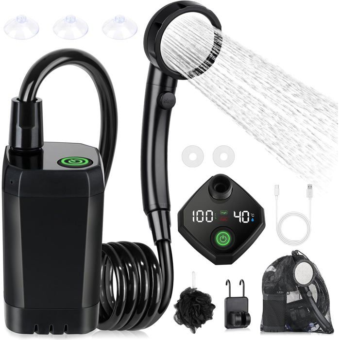 Douche De Camping Portable 6000mAh - Pompe Électrique Rechargeable Avec Affichage Température Et Seau Pliable 20L