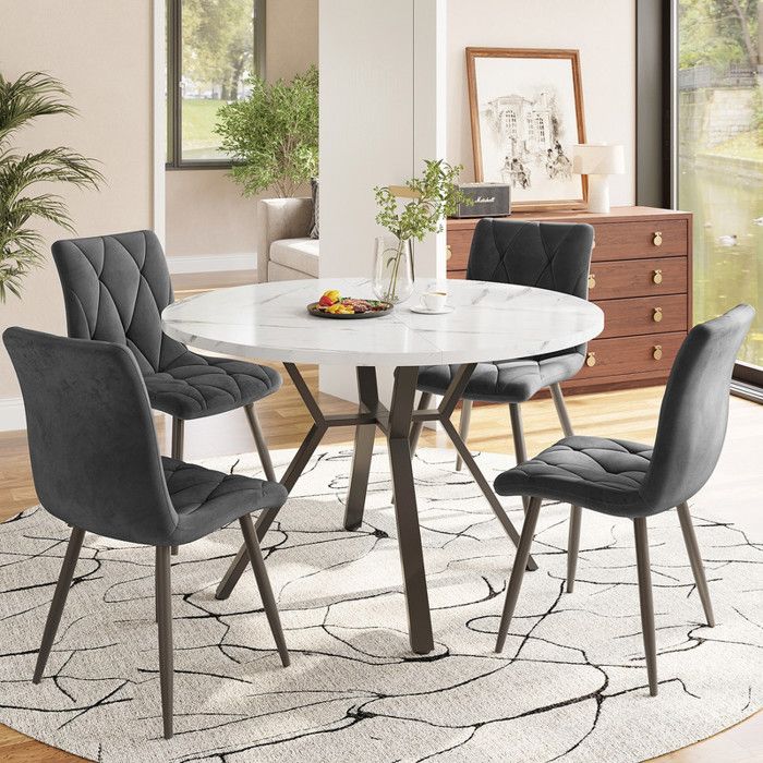 Ensemble table et chaises 5 pièces-moderne et sobre rond marbre pieds de table en métal noir + 4 chaises ergonomiques en daim gris