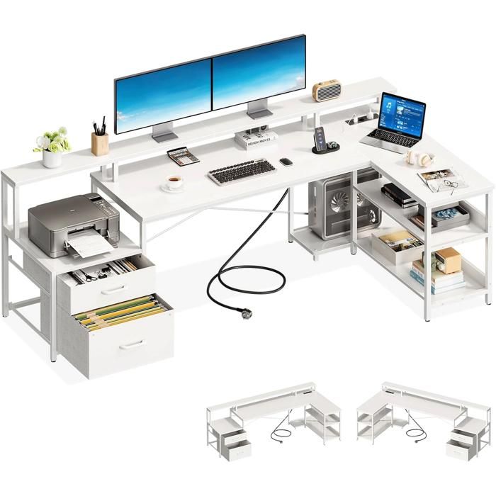 Coleshome Bureau Gaming 160cm Avec 5 Tiroirs, LED Et Support Écran - Blanc Réversible