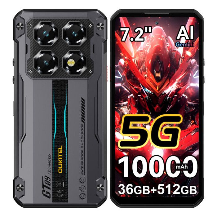 OUKITEL WP60 5G Smartphone Robuste - 36Go + 512Go - 10000mAh - HD 72 - 108MP - Android 15 - NFC GPS Double SIM - Noir