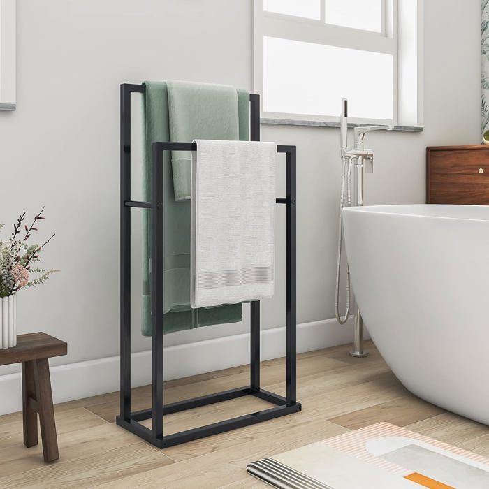 Porte-Serviettes sur Pied - JELUTE - Métal chromé antirouille - 2 niveaux - Noir 84 cm