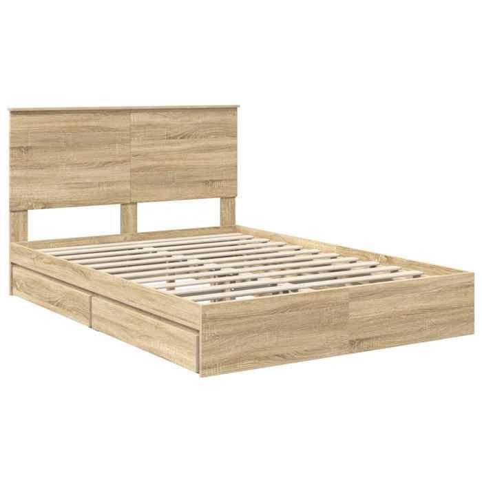 Lit de rangement - UU - Chêne sonoma - 140x190 cm - Bois dingénierie - Tiroirs intégrés - Cadre à lattes