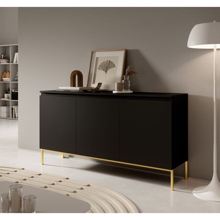 Commode à trois portes – BEMMI – 150 cm – noir avec pieds dorés Commode à trois portes – BEMMI – 150 cm – noir avec pieds dorés