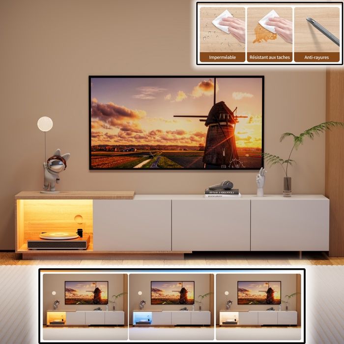 Meuble TV Modulaire avec Module Mobile et LED Meuble TV Extensible avec 3 Tiroirs Conception Flexible 2 en 1 240x38x44 cm Blanc