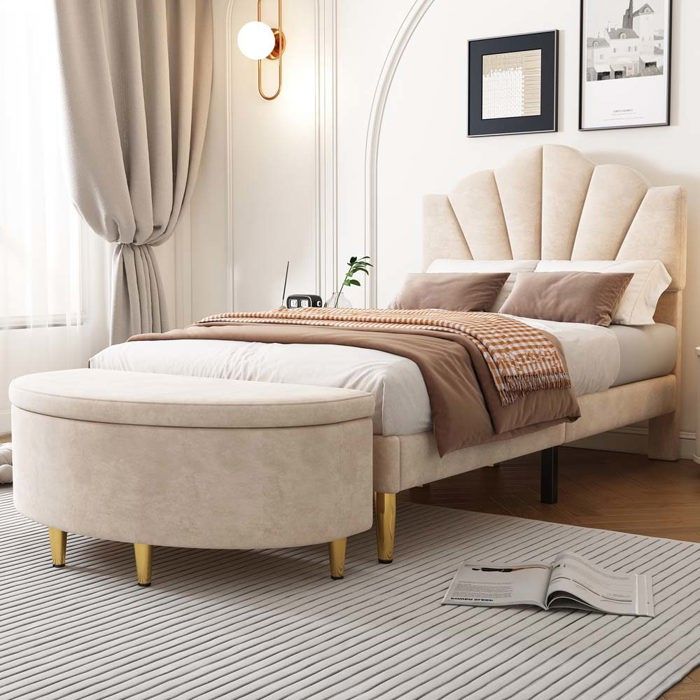 Lit simple - Structure 90 x 200 cm - Tête de lit réglable - Tissu velours beige - Banc de rangement