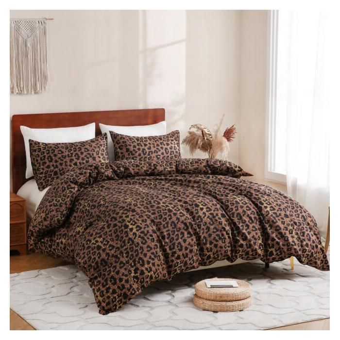 Housse de Couette Léopard Brun et Noir Parure de Lit Microfibre Imprimé Léopard Moderne Parure Housse Couette 220x240cm
