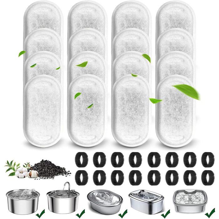 32 filtres fontaine chat INOX (16 charbon + 16 éponges) pour 2–32 L. Label