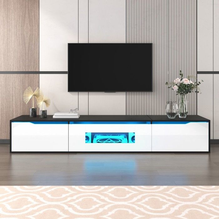 Meuble TV mural moderne laqué brillant noir et blanc 180x35x30cm éclairage LED RGB et port USB support TV salon design Meuble TV mural moderne laqué brillant noir et blanc 180x35x30cm éclairage LED RGB et port USB support TV salon design