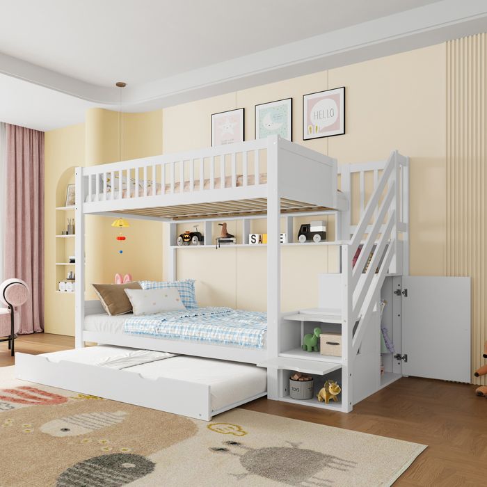 Lit superposé enfant 90x200 cm avec lit gigogne escalier rangement et armoire blanc sans matelas