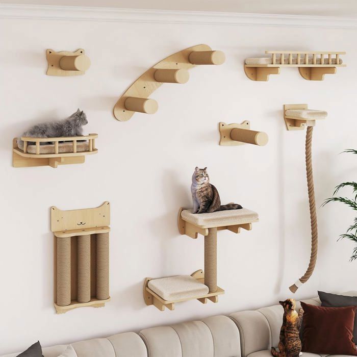 Ensemble mural descalade pour chat - SUTEO - 8 pièces - Bois naturel - Griffoirs - Plate-forme pour chaton