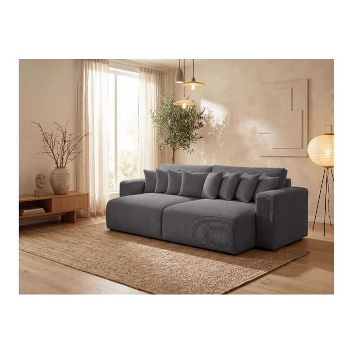 Canapé droit 4 places JADE double méridienne et assise profonde en velours côtelé - Gris foncé