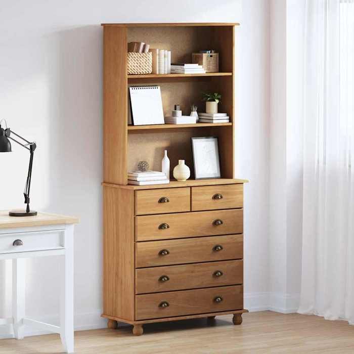 Buffet en bois de pin massif - JILIS - 91x40x200 5 cm - Cire de miel - 6 tiroirs - 2 étagères en planches