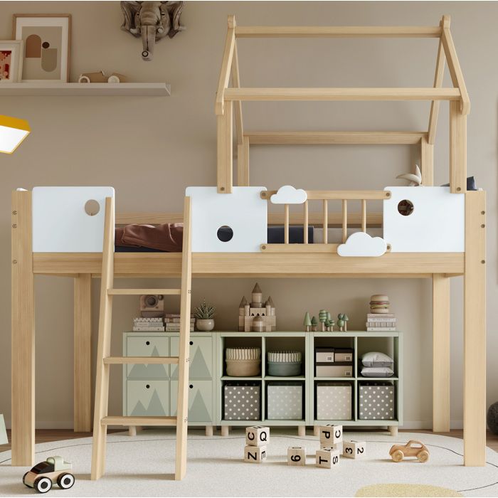 Lit mezzanine enfant en bois 90x200 cm. lit cabane. design maison. sans matelas. antichute. couleur naturelle