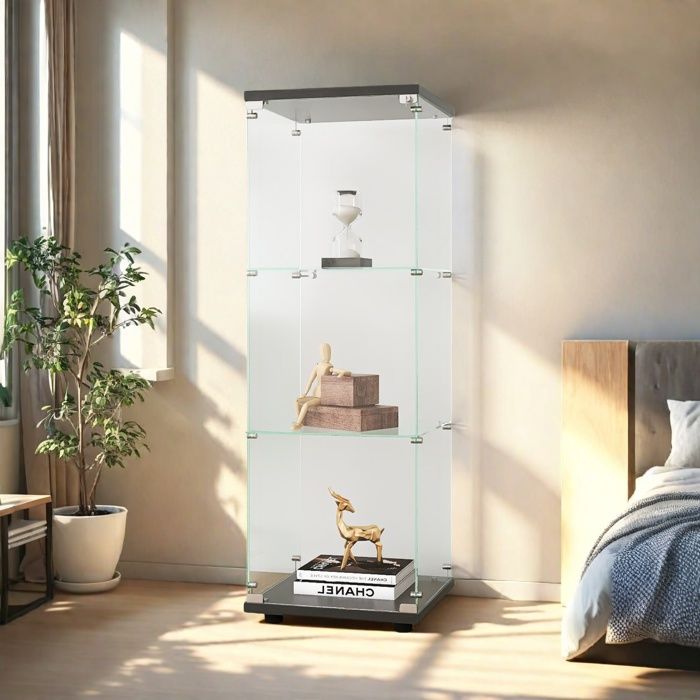 Vitrine 3 niveaux en verre trempé noir avec porte unique, meuble d ...