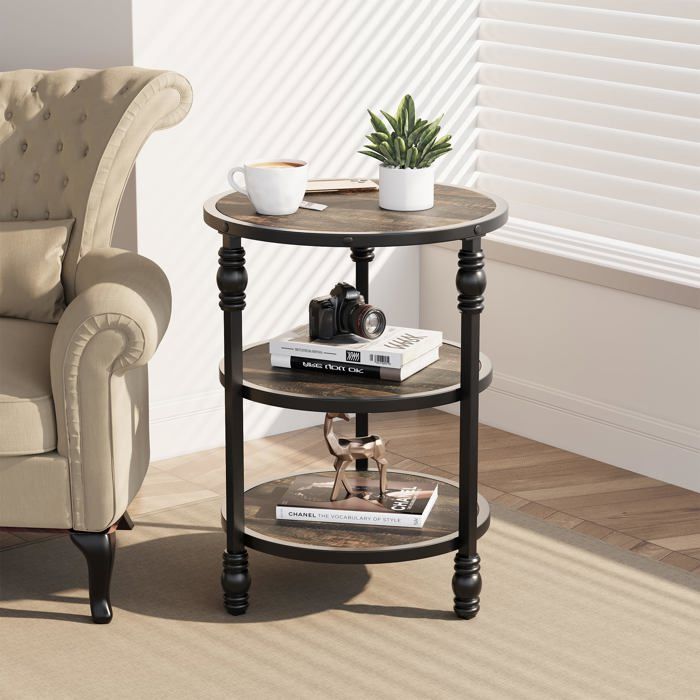 Table dappoint ronde - LUNSY - Chêne foncé - 475x475x60 cm - 3 niveaux de rangement - Résistante à leau