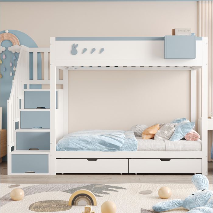 Lit superposé 90x200 cm blanc et bleu avec motifs lapins étagère amovible et rangements intégrés