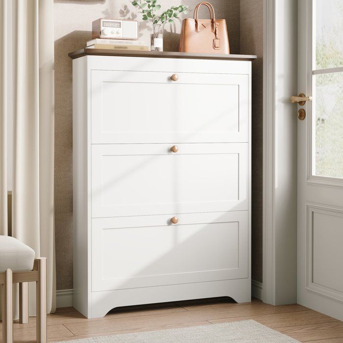 Meuble à chaussures à 3 volets étagère à chaussures étroit armoire à chaussures pour Lentrée poignées rondes 87x26x120 cm blanc