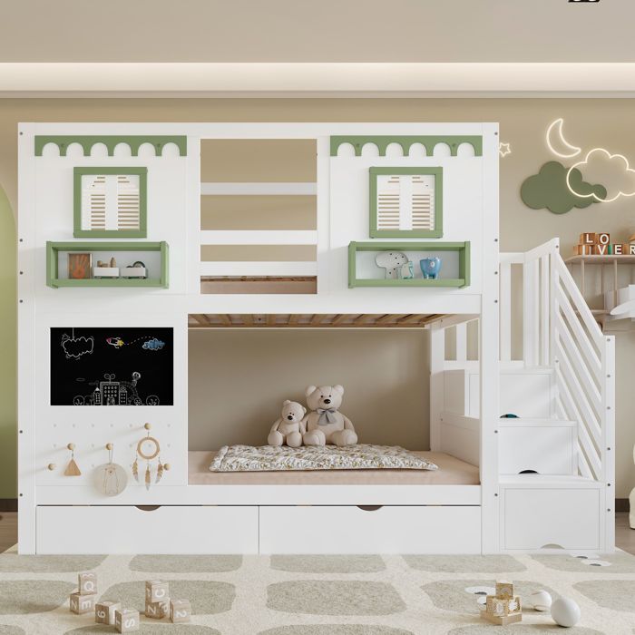 Lit superposé - 90 x 200 cm - Escalier de rangement - 2 tiroirs - Blanc et vert