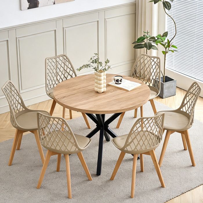 Ensemble Table et Chaises à Manger - HJhomeheart - Table MDF  Couleur chêne 100cm - avec 6 Chaises Scandinaves de Beige
