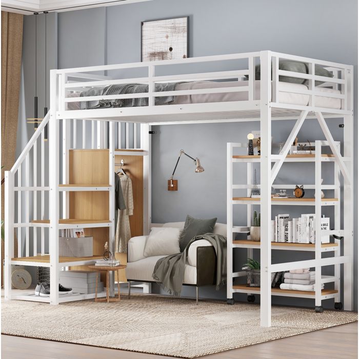 Lit mezzanine 90x200 cm EVRYAE - avec Armoire échelle étagère à roulettes sans Matelas - Blanc et Naturel