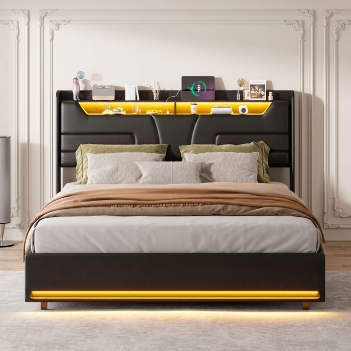 Lit 160x200 - RWUDV - 160x200 - LED intégrée - litcoffre 160x200 coffre - Tête de lit avec rangement USB - lit avec sommier -PU Noir