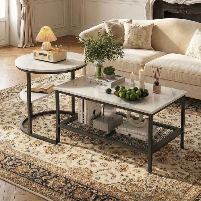 Table Basse Gigogne - Ensemble de 2 - Plateau Effet Marbre Chic - Étagère de Rangement en Métal - Table de Salon Style Industriel