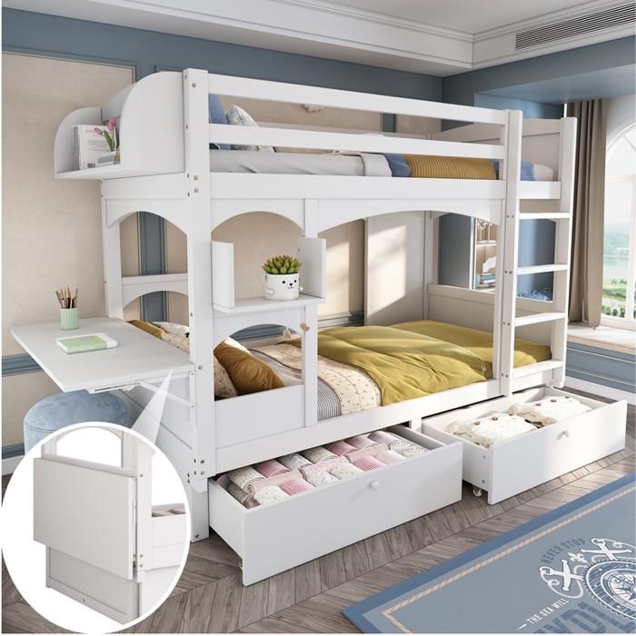 Lit superposé 90x200 cm avec bureau rabattable et étagère Lit enfant avec échelle et 2 tiroirs Lit double en blanc