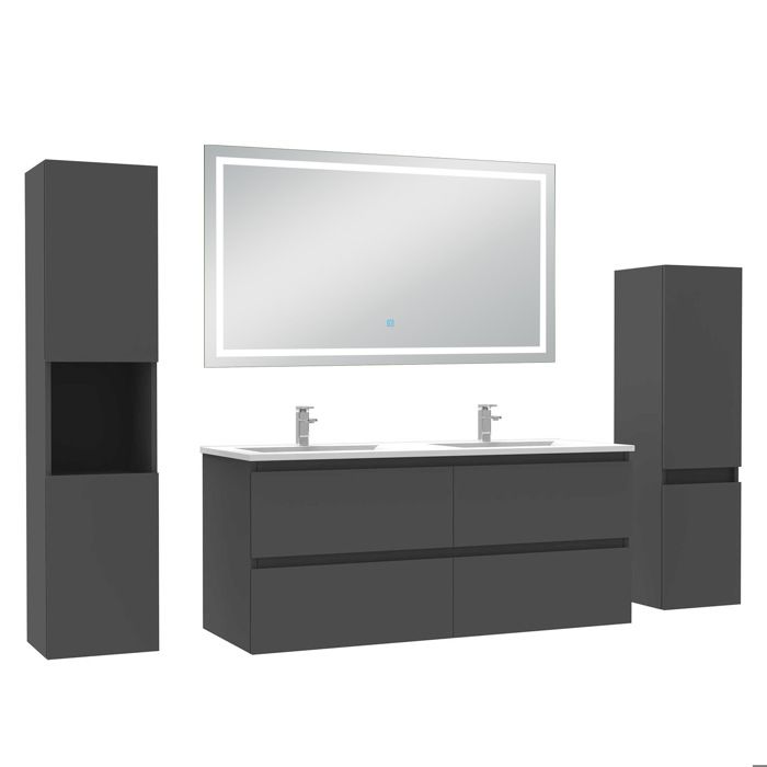 AICA Meuble de salle de bain 120 cm anthracite mat avec Lavabo 2 colonnes + miroir LED 6000K dimmable - fonction mémoire AICA Meuble de salle de bain 120 cm anthracite mat avec Lavabo 2 colonnes + miroir LED 6000K dimmable - fonction mémoire