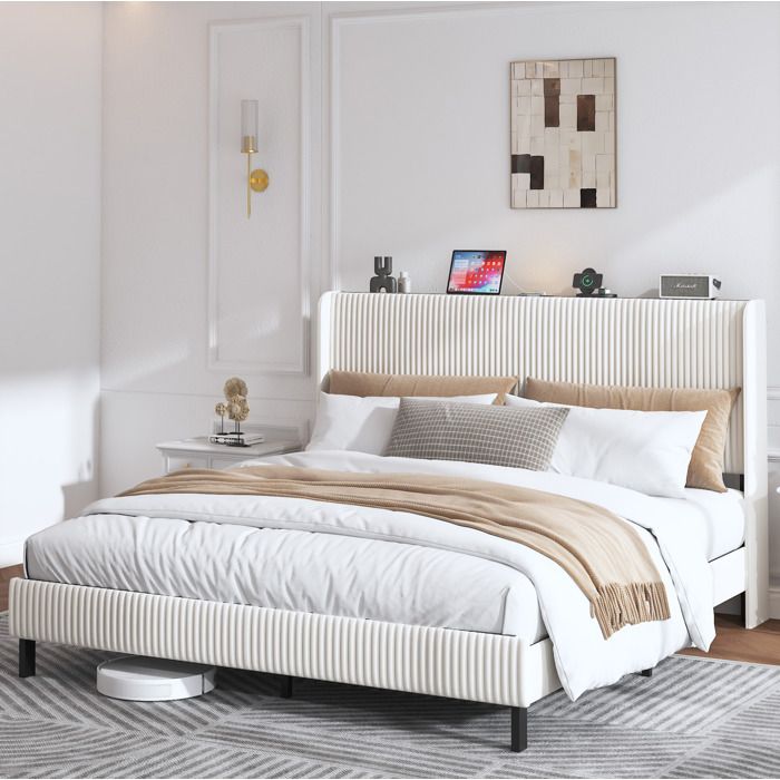 Lit double beige et crème 180×200 cm sommier inclus tête de lit en velours côtelé montage nécessaire