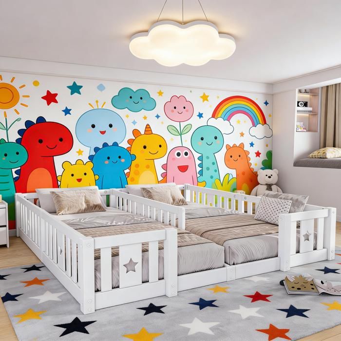 Lit de sol 180x200 lit double avec protection anti-chute lit simple Montessori de 90x200 pour 2 enfants blanc sans sommier à lattes