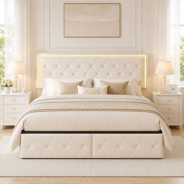 Lit double 160x200 cm - lit adulte rembourré PU - 160x200 cm - LED 4 tiroirs sommier à lattes tête de lit design - Beige Lit double 160x200 cm - lit adulte rembourré PU - 160x200 cm - LED 4 tiroirs sommier à lattes tête de lit design - Beige
