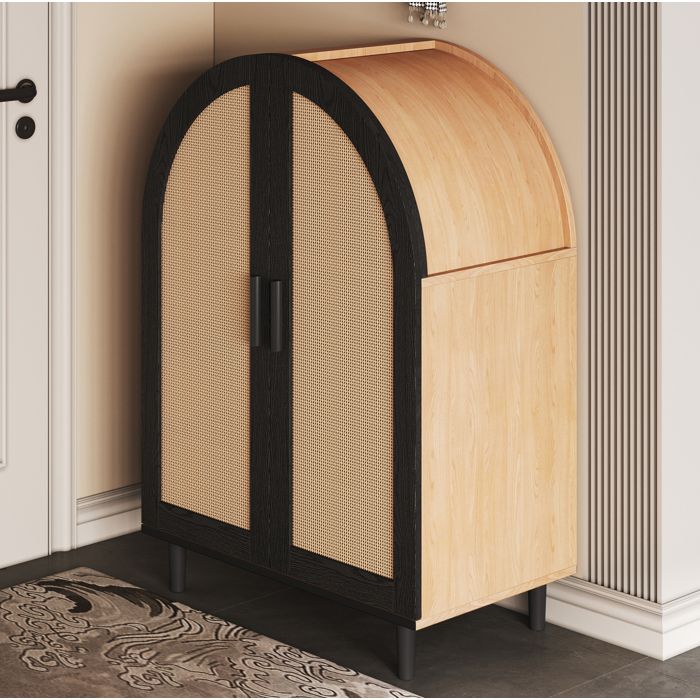 Meuble à chaussures buffet 2 portes EVRYAE 70 x 40 x 100 cm rangement 12 à 15 paires rotin ajouré noir et bois