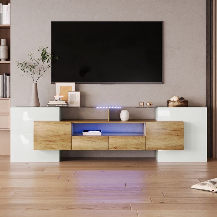 Meuble TV Blanc Laqué 200 cm avec Éclairage LED Banc TV Design Moderne Blanc et Bois Plateau en Verre Meuble de Salon