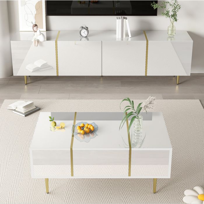 Ensemble meuble TV et table basse blancs brillants avec accents dorés