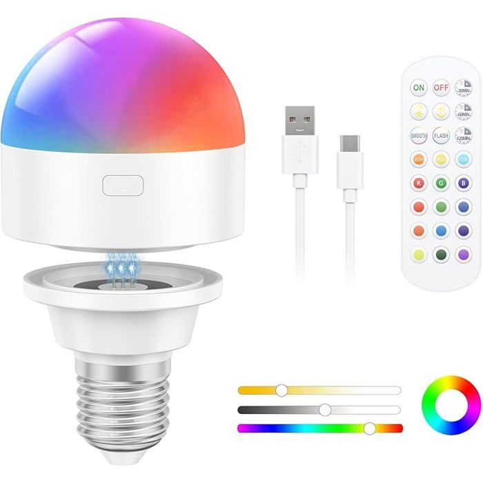 Ampoule Rechargeable Chargeur magnétique s fil et USB C avec Telecommande E27 LED Ampoule à batterie amovible 3W 1