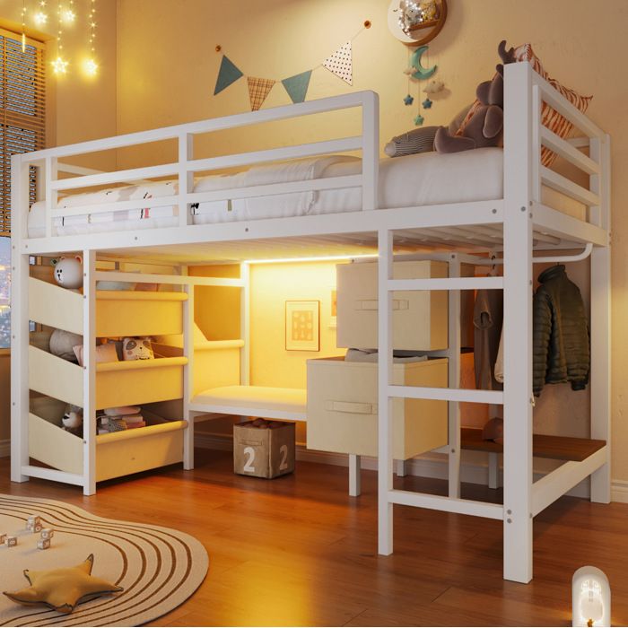 Lit mezzanine 90x200 cm - FloraGrace avec LED multicolore rangement en tissu et coussin dassise sans Matelas - Blanc