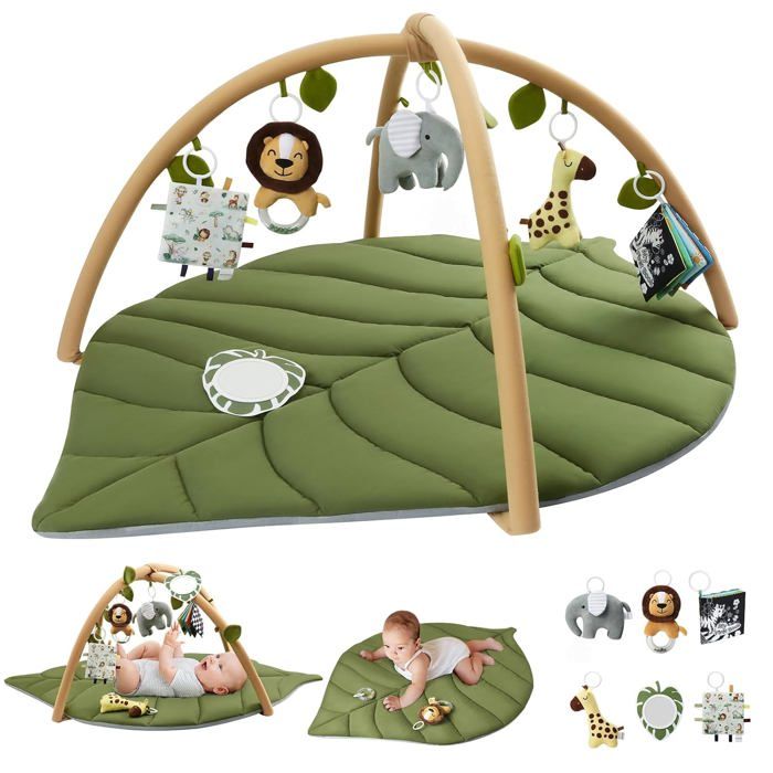 Tapis de jeu pour bébé en forme de feuille extra large favorisant les compétences motrices et sensorielles 53 x 37 pouces