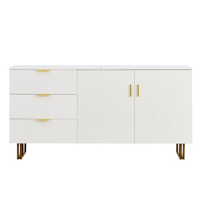 Buffet bas - 2 portes 3 tiroirs - blanc - MDF - poignées dorées - 160 x 40 x 81 5 cm