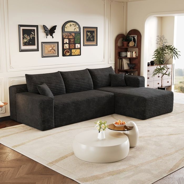 Bladez - Canapé dAngle Modulaire 3 Places en Velours Côtelé Canapé L Convertible avec Méridienne droit - Noir
