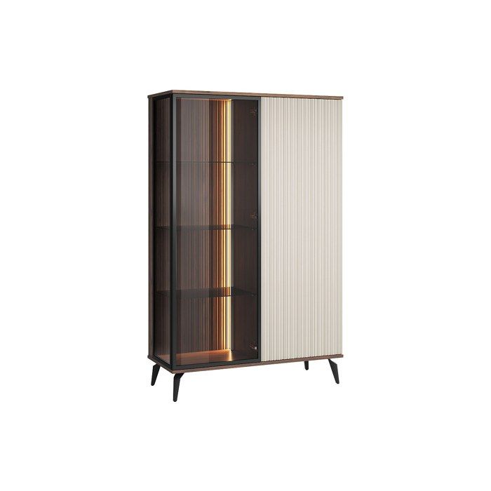 Vitrine 2 portes avec LEDs en MDF et verre fumé - Beige et Naturel foncé - JANEYA Vitrine 2 portes avec LEDs en MDF et verre fumé - Beige et Naturel foncé - JANEYA