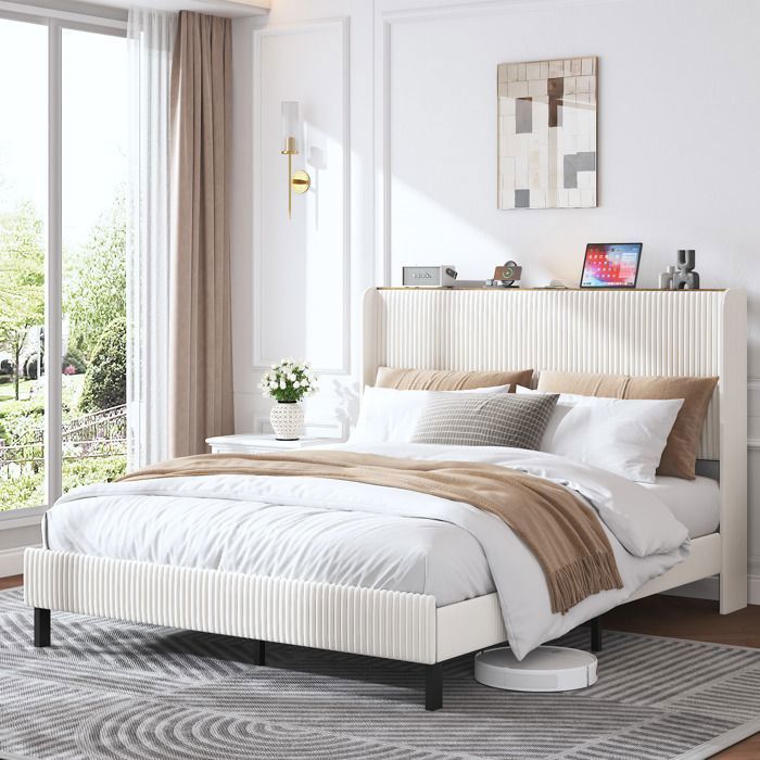 Cadre de lit rembourré - 160x200 cm - Velours côtelé - Beige et Crème - Design à ailes - Tête de lit à canaux