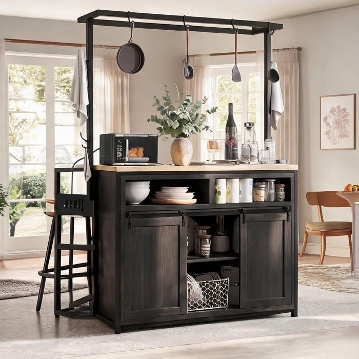 Ensemble îlot de cuisine avec 2 tabourets finition deep black structure MDF et métal